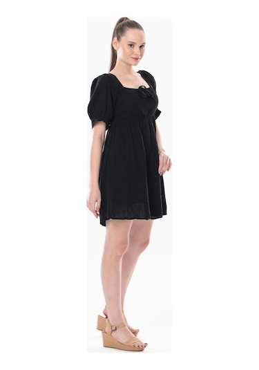 Kısa Kol Lara Kare Yaka Bağlama Detaylı Yazlık Müslin Elbise Siyah Syh-siyah Siyah