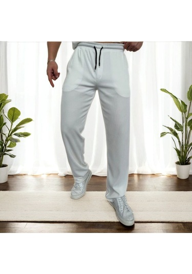 Beyaz, Oversize/geniş Kesim, Dokulu Kırışmaz, Ottoman Polo Yaka T-shirt Ve Eşofman Takım Beyaz