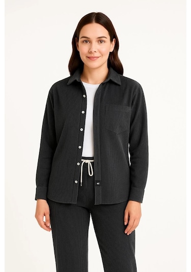 Kadın Kadife Oversize Takım Gömlek Ve Pantolon İkili Set Füme Corduroy Şıklığı, Rahat Ve Zarif Dur Siyah