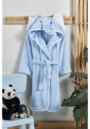 Kapşonlu Çocuk Bornoz %100 Pamuk Bornozu Kız Erkek Fil Mavi