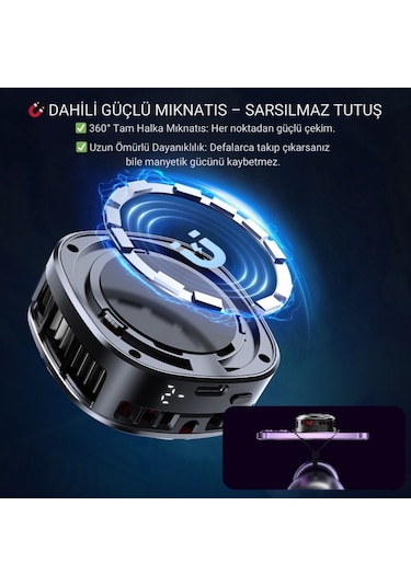 Polham Magsafe Uyumlu Telefon Soğutucu Dijital Isı Göstergeli, Rgb Led Işıklı, Turbo Fanlı 6000 Rpm, Klipsli Tutucu