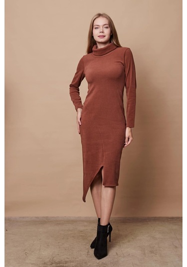 Kadın Likralı Triko Kumaş Tam Balıkçı Asimetrik Uzun Kol Diz Boy Elbise-fındık Kabuğu Fındık Kabuğu