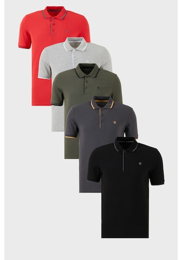 Buratti Pamuklu Slim Fit Şerit Detaylı Düğmeli Polo Yaka 5'Li Paket Erkek T Shirt 5902118S5 Siyah-Kırmızı-Antrasit-Haki-Gri Melanj
