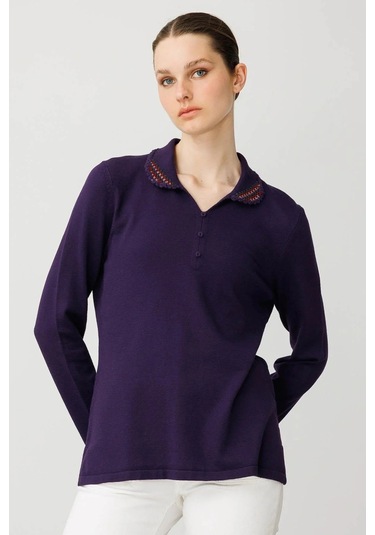 Desen Triko Kadın Polo Yaka Likralı Bluz 25091 K.mor K.mor
