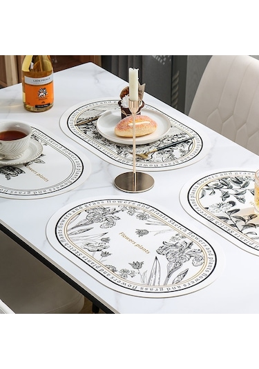 Siyah Beyaz Desen Oval Deri Masa Kase Mat Bardak Altlığı 004 Beyaz - Siyah