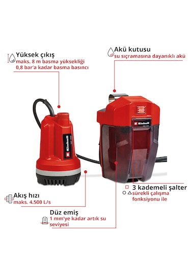Einhell GE-SP 18 LL Li - Solo, Akülü Dalgıç Pompa - Temiz Su (Akü ve şarj cihazı dahil değildir) - 4181560