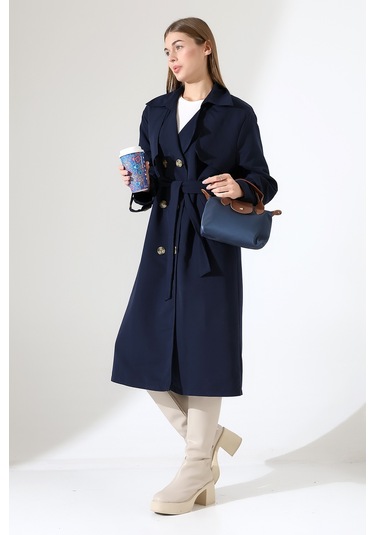 Amazon Keten Kumaş Diz Altı Yumuşak Dokulu Düğmeli Astarlı Trenç Kot Lacivert Lacivert