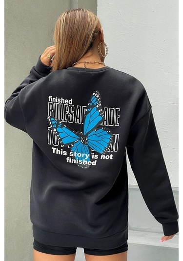 Modagen Kadın Ön Arka Kelebek Baskılı Siyah Bisiklet Yaka Oversize Sweatshirt Ssiyah