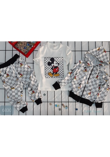 Mickey Mouse Üçlü Kız Çocuk Eşofman Takımı Tuhfetower Gri - Siyah