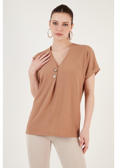 Lela Düğme Detaylı V Yaka Bayan Bluz 5865567 Bisküvi