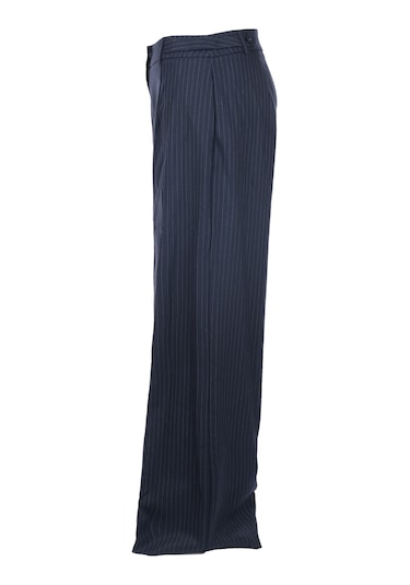 Unique Mode Minimalist Oversize Çizgili Kadın Pantolon - Yüksek Bel Geniş Paça Lacivert