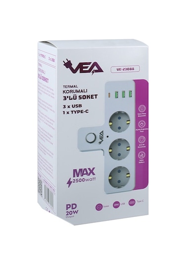 Vea VE-23088 3 Soketli 3xUSB + Type-C Çocuk ve Termal Korumalı Anahtarlı Priz
