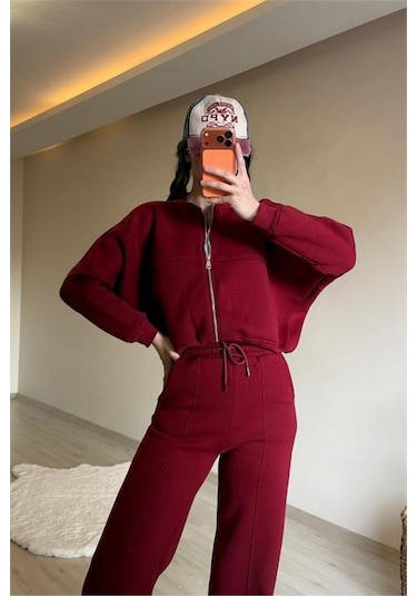 Neşeli Butik Kadın Oversize 3 İplik Cepli Eşofman Takımı Nm029 Bordo