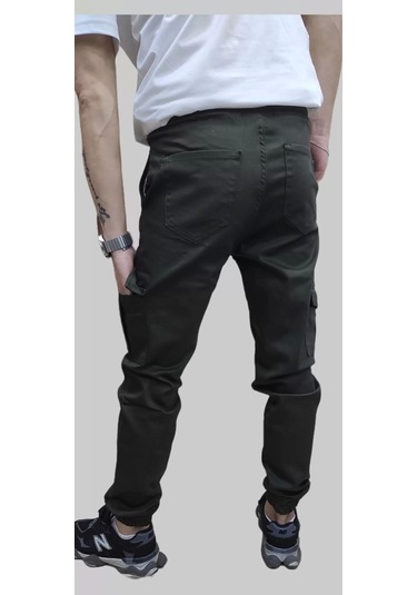Erkek Jogger Beli Ve Paçası Lastikli Keten Haki Kargo Pantolon Haki