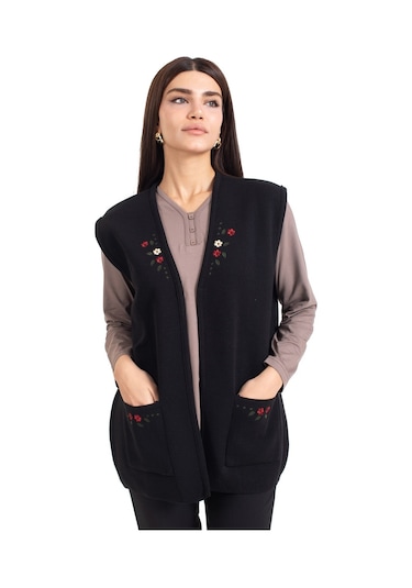 Kadın Orta Yaş ve Üzeri Triko Örgü Düğmesiz Kanaviçe Desen Nakışlı Anne Yelek 310-siyah - L Füme