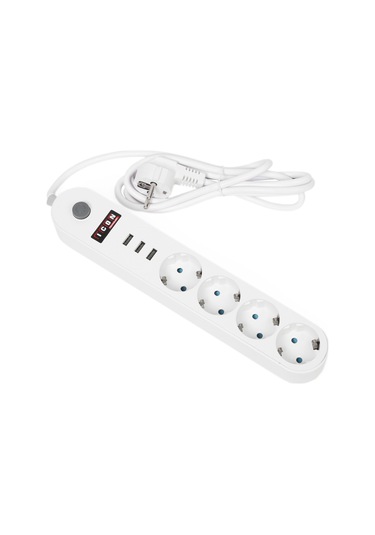 Icon Anahtarlı 3xUSB Çıkışlı 4'lü Akım Korumalı Priz Beyaz