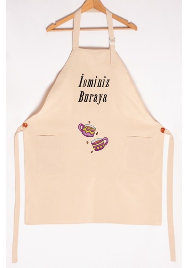 Mutfak Önlüğü Kişiye Ve İsme Özel Nakışlı Mutfak Önlüğü İkili Kupa Farklı Renkler Krem