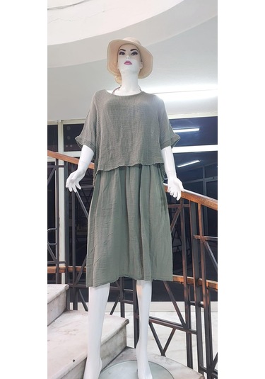 İtalyan Müslin Keteni Üstü File Bluzlu Astarlı Tek Parça Elbise Haki