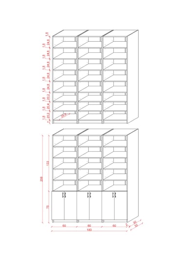 Asra Trend K-54 %100 MDF 180 cm 3 Modüllü Kapaklı Kitaplık Raflı Kütüphane Petra