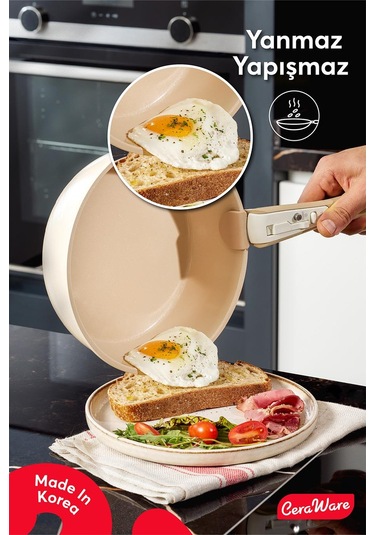 Ceraware Hona XL 14 Parça Tak Çıkar Saplı İç İçe Geçebilen Seramik Yapışmaz Tencere Tava Seti Bej