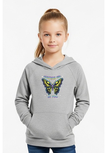 Kanguru Cepli Kapüşonlu Kız Çocuk Sweatshirt Gırl Be You Yazı Baskılı Gri