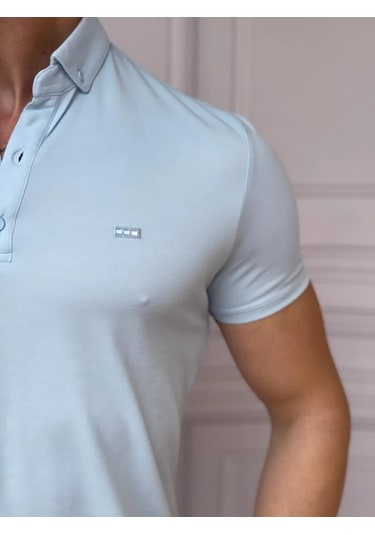Modefendi Merserize Polo Yaka Slimfit Kalıp Tshirt Buz Mavi