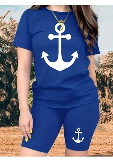 Modaserdem Kadın Kısa Kollu Çapa Baskılı Viskon Ikili Takım Saks Mavi