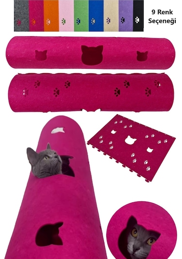 Kedi Oyuncağı Tüneli 1. Kalite 3mm Keçeden Geçmeli Kedi Ve Pati Figürlü 9 Renk A2