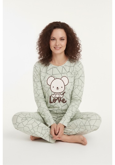 Luxury Thermal Love Desenli Kadın Polar Kışlık Pijama Takımı 42013 Turkuaz