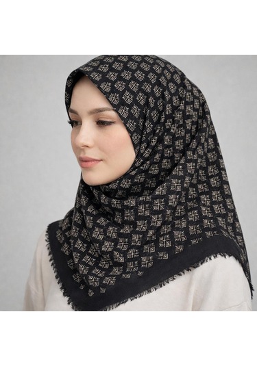 Sinem Emprime Koton Eşarp - Siyah / Karamel-06289 Siyah-Kahve
