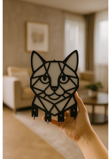 Kedi Figürlü Duvar Tipi Dekoratif Anahtarlık Askılığı Siyah - Beyaz