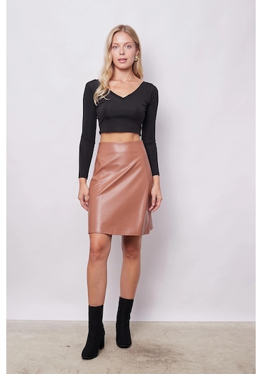 Kadın Hafif Likralı Deri Yüksek Bel Diz Boy Çan Etek-camel CAMEL