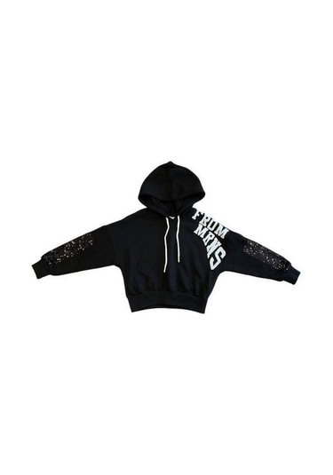 Kız Çocuk Simli Yazılı Kolları Pul Detaylı Crop Sweatshirt-15040 Siyah