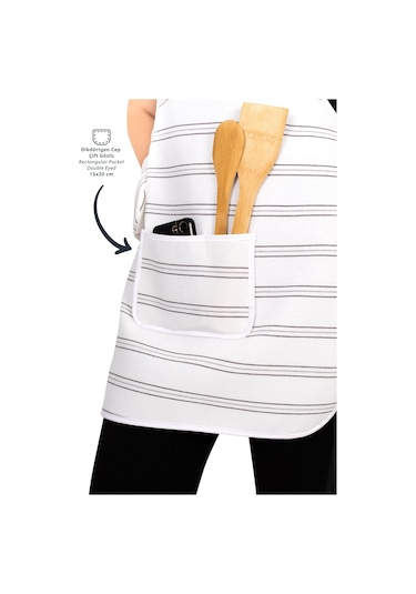 Morlay  İnce Çizgili ﻿﻿Mutfak Önlüğü Fırın Eldiveni ve Tutacak Takımı Mutfak Çeyiz Seti 4'lü Beyaz - Gri