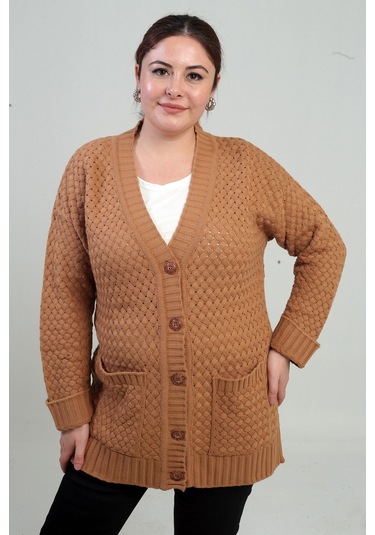 By Saygı Kadın Sepet Örgü Model Cepli Tunik Hırka Camel