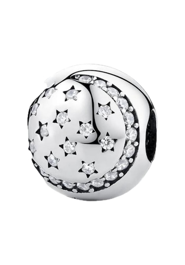 Parıldayan Ay Ve Yıldızlar Yuvarlak Klips Charm Gümüş