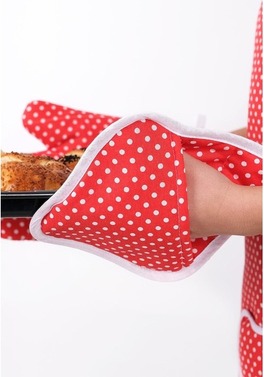 Trendy 3lü Set Sıvı Su Geçirmez Mutfak Önlüğü Isıya Dayanıklı Fırın Eldiveni Ve Tutacak Çeyiz Seti Kırmızı Puantiye