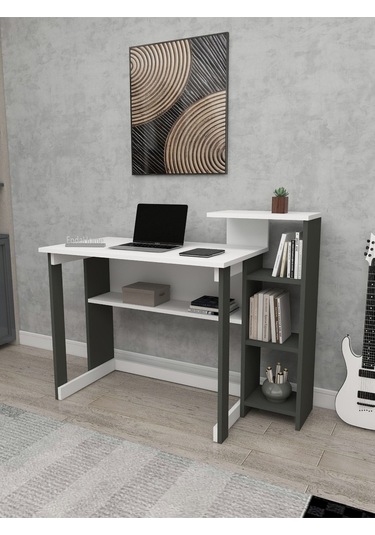 Enda Home Saye 5 Raflı Kitaplıklı Çalışma Masası Antrasit - Beyaz Koyu Gri - Beyaz