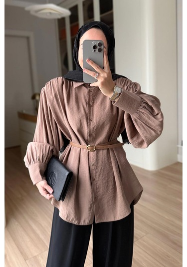 Kahijab Kemerli Vatkalı Gömlek - Camel