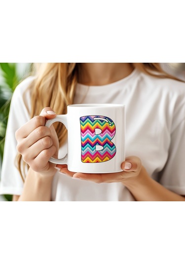 B Harfi Renkli Zigzag Desenli Kupa Bardak - Afrika Tarz Etnik Tasarım Kupa - Kişiye Özel Beyaz