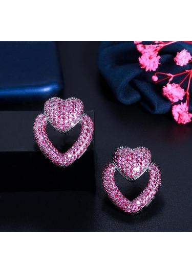 Novahub Gül Kırmızısı Cmm Romantik Kalp Şekli Kübik Zirkonya Saplama Küpe Sevgililer Günü Hediyesi Çok Renkli Çok Renkli