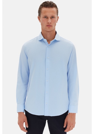 D'S Damat Ds Damat Slim Fit Açık Mavi Italyan Yaka Armürlü Uzun Kollu Kolay Ütülenebilir Nefes Alan Dört Mevsi 2HF02ORT3185 Açık Mavi