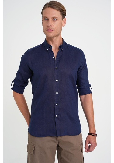 Comfort Fit Düğme Yaka Katlanır Kol %100 Keten Düz Lacivert Gömlek G 1595 Lacivert