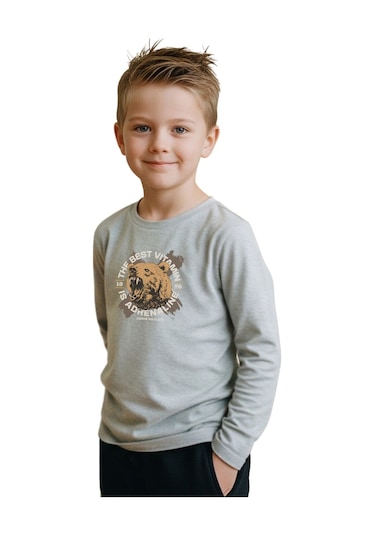 Düz Yuvarlak Yaka Bearr Baskı Detaylı Erkek Çocuk Sweatshirt Gri