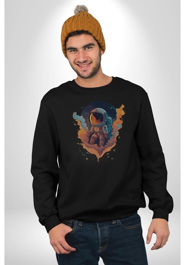 Bulutlar Astronot Uzay Unisex Siyah Baskılı Sweatshirt Siyah