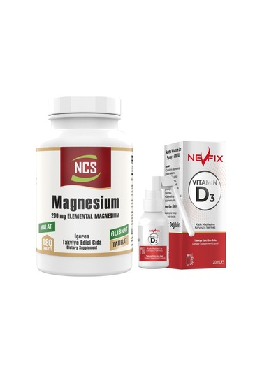 Ncs Magnesium Malat Taurat Glisinat Element Formül 180 Tablet + Nevfix Vitamin D3 Sıvı Sprey 20 ml