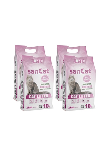 Sancat Premium Bebek Pudrası Kokulu Topaklaşan Beyaz Bentonit Kedi Kumu 4 x 10  L