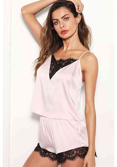 Merry See Dantel İşlemeli saten Şortlu Pijama Takım Pembe