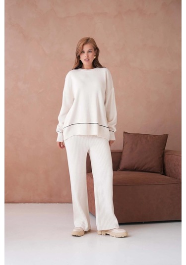 Kadın Bisiklet Yak Adüşük Kol Kazak Fitilli Pantolon İkili Triko Takım Taş