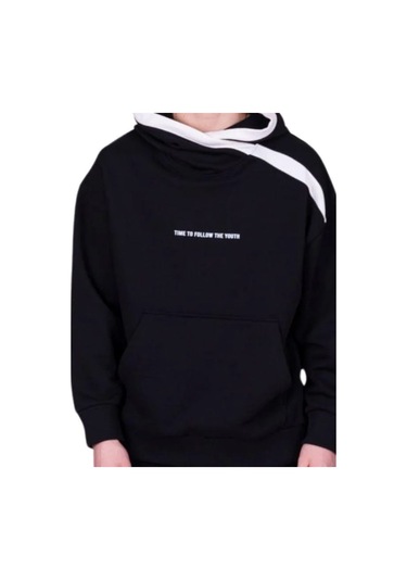 Çocuk 2 İplik Kumaş Pamuklu Sırtı Yazı Detaylı Kapüşonlu Tasarım Sweatshirt-13541 Siyah